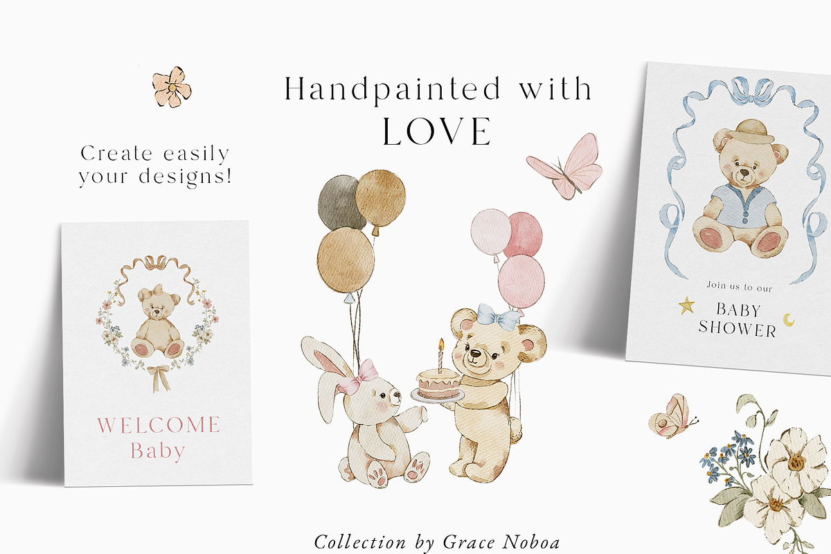Teddy Bear & Bunny Watercolor spring, a Decorative Illustration by Grace Noboa Illustrations (Photo 4 of 14)