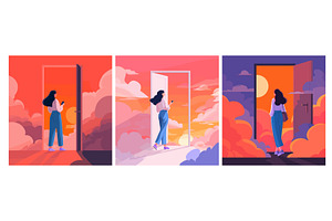 Woman at doorway. Young women open, a Person Illustration by Stock-Smart-Start