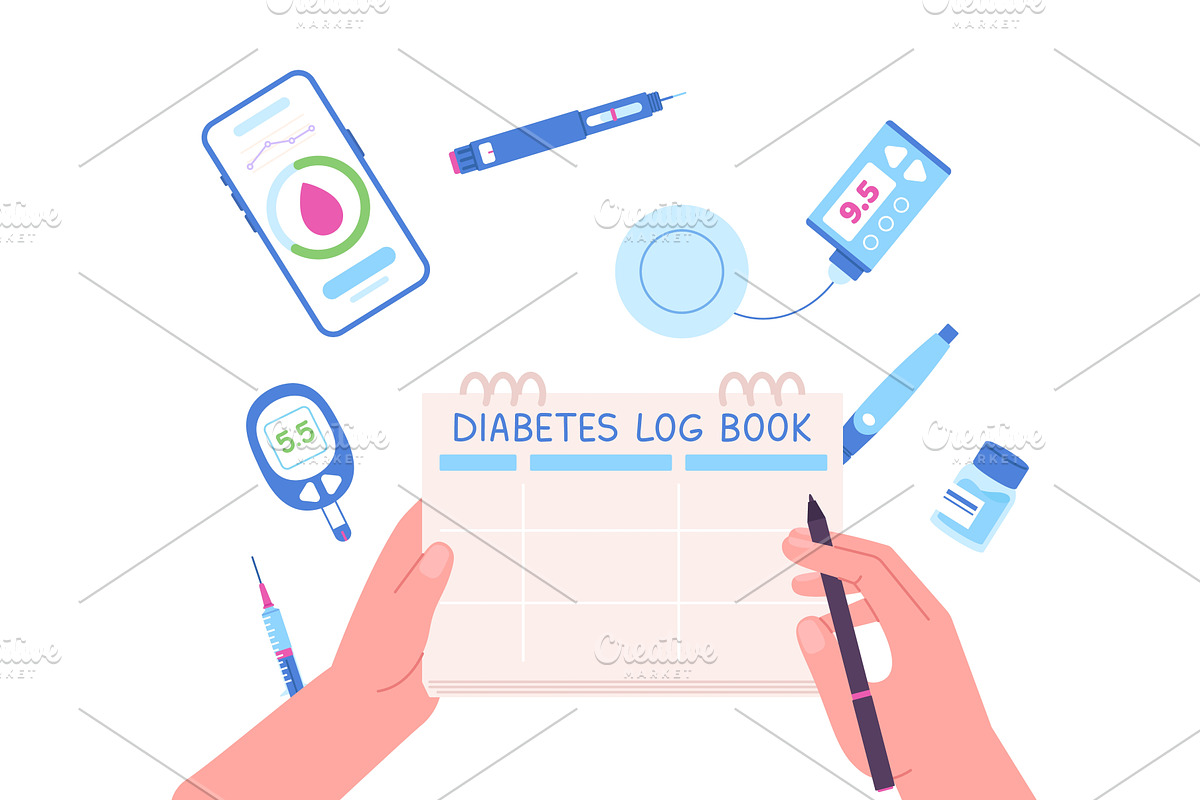 Diabetes log book. Hands holding, a Healthcare Illustration by LadadikArt