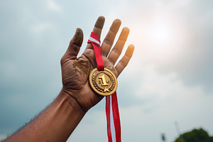 Hand raising a gold medal with dirt,, a Sports & Recreation Photo by Perpis
