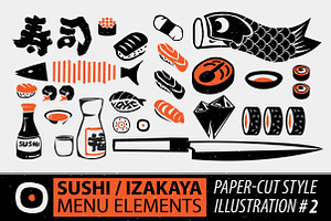 Papercut Style Sushi Elements