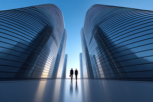 Business professionals walking through modern architecture in a city at dusk, an Architecture Photo by AlyaAnd
