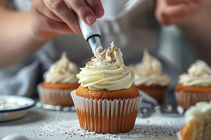 Decoration cupcake with whipped cream using piping bag, a Food & Drink Photo by AlyaAnd