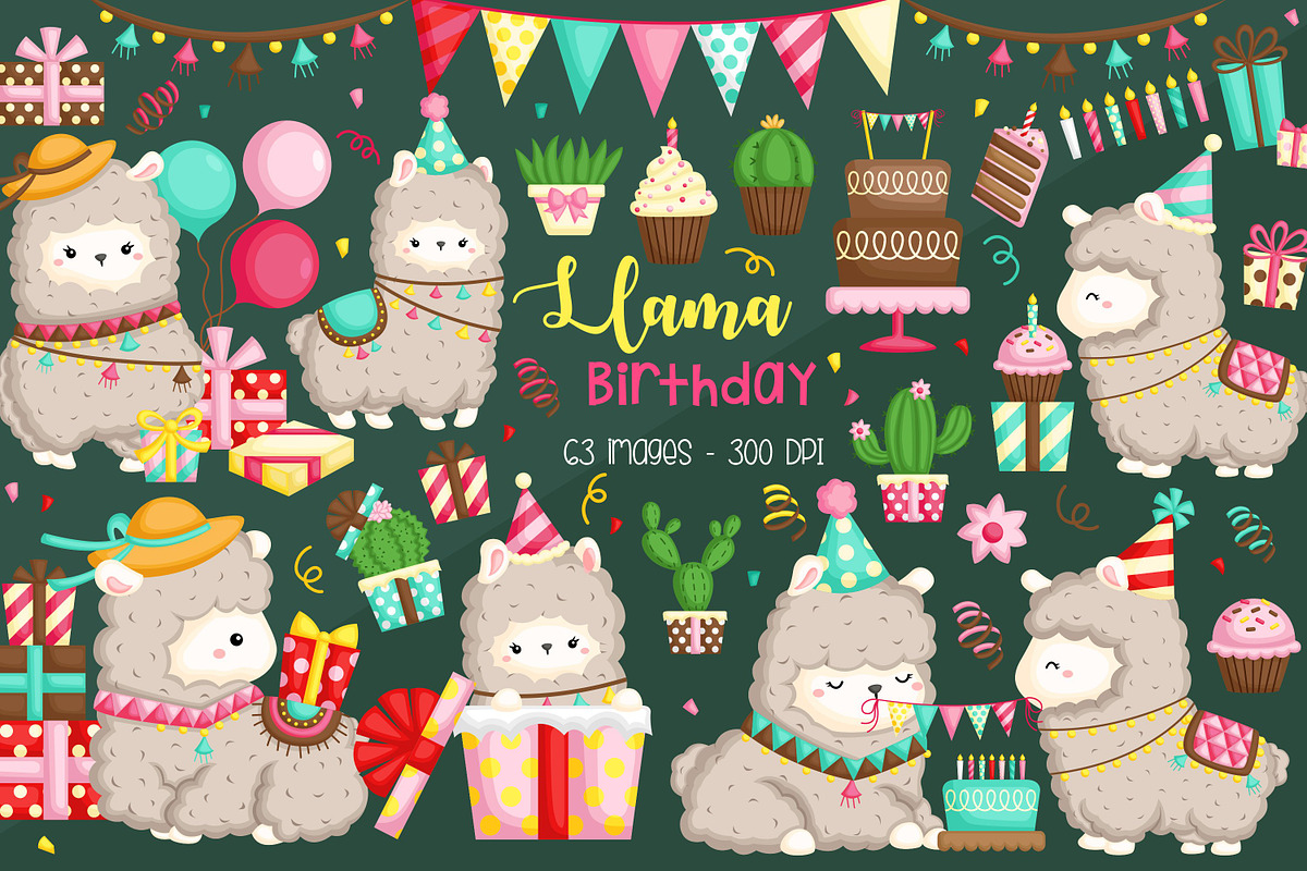 Birthday Llama Cute Clipart, an Animal Illustration by Inkley Studio (Photo 1 of 2)