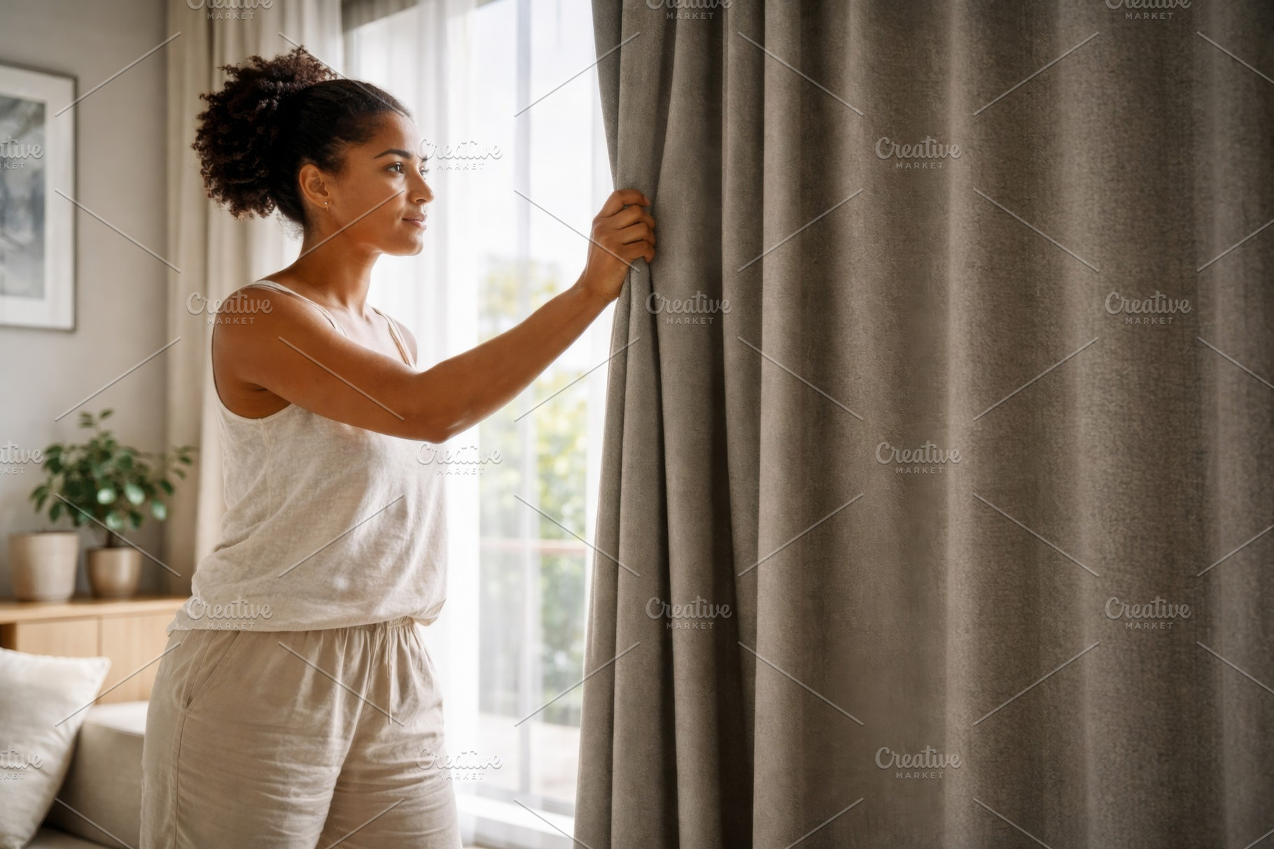 Woman in casual clothing standing by, a Photo by Dvoevnore photos