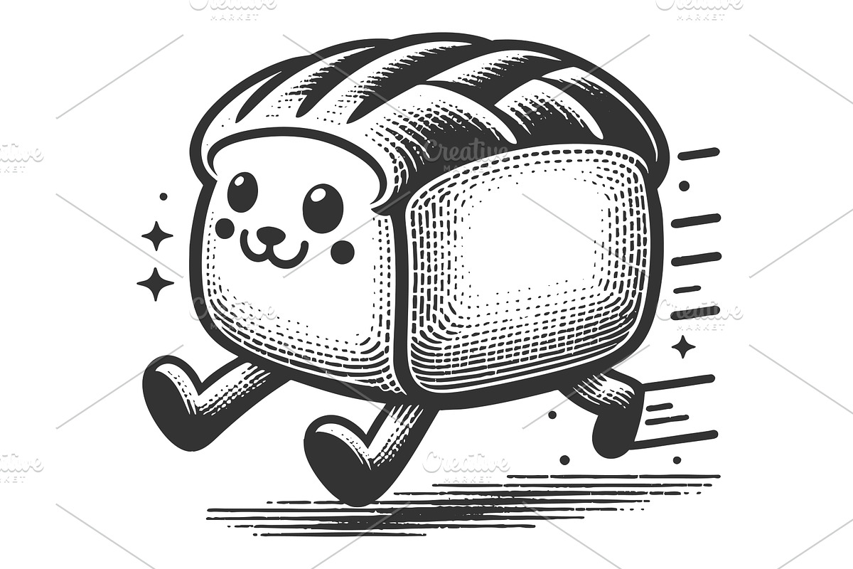 Cute Running Bread Loaf Cartoon, a Food Illustration by AlexArt