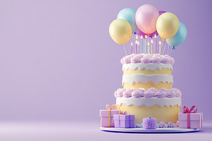 Illustration of tiered birthday cake with party balloons and candles, a Photo by AlyaAnd