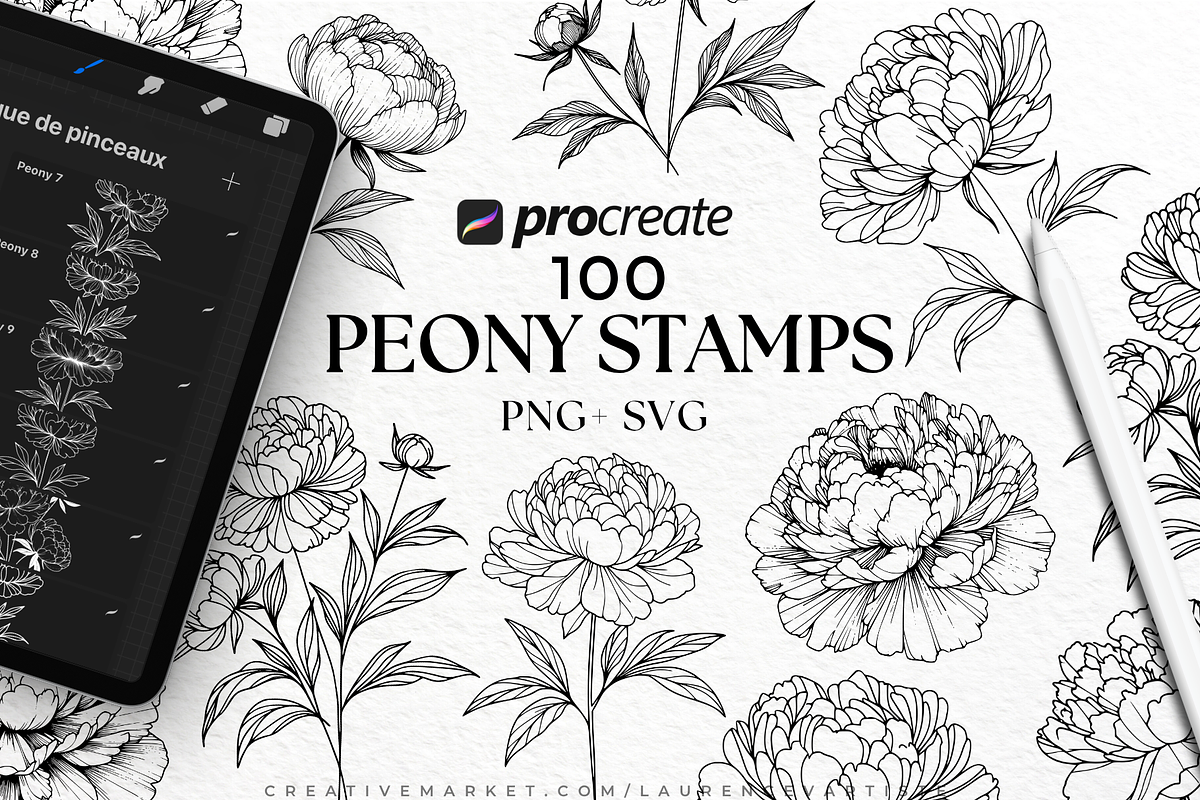 100 Peony Png Svg Procreate Brushes, a Brush Add-On by LaurenceVArtiste (Photo 1 of 9)