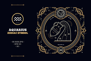 Thin line zodiac label - Aquarius