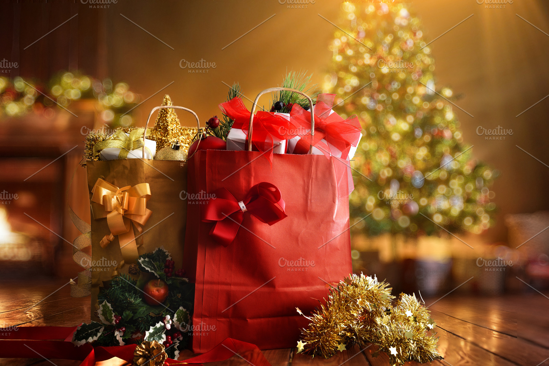 Gifts on wooden floor of a Christmas decorated living room, a Holiday Photo by Davizro's Market