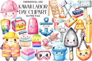 Watercolor Kawaii Labor Day Clipart, an Illustration by Daily.Designs