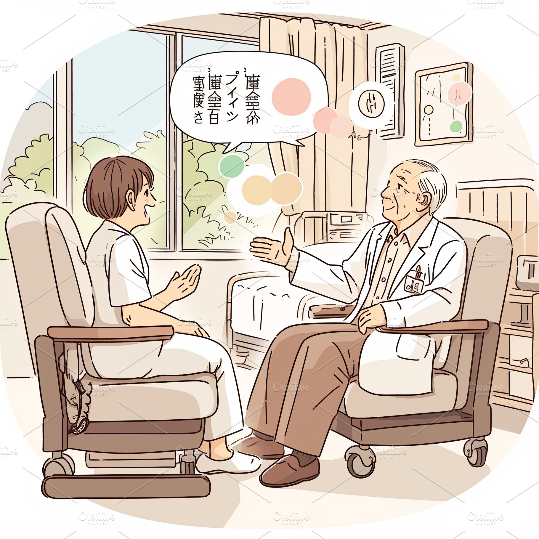 Illustration of a doctor conversing with a patient in a hospital setting, a Photo by AS photostudio