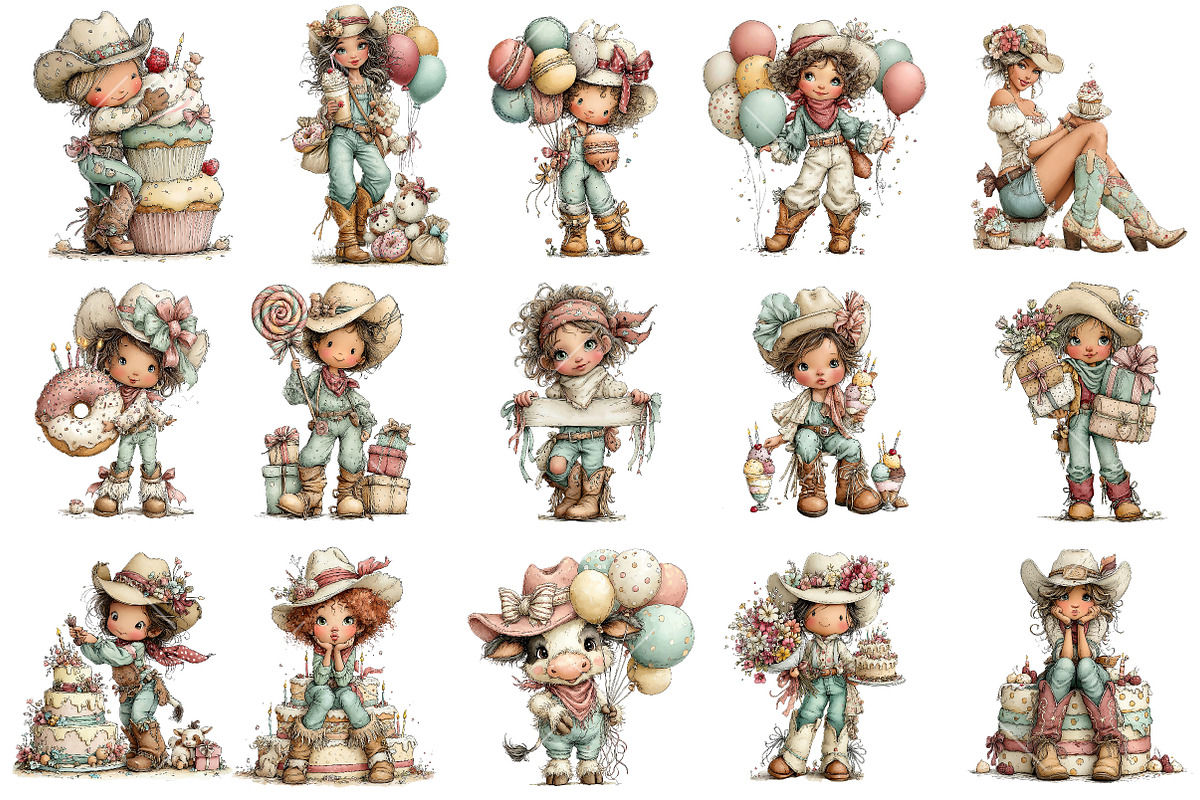 Western Birthday Cowgirl Clipart Set, a Seasonal Illustration by OK Design (Photo 3 of 6)