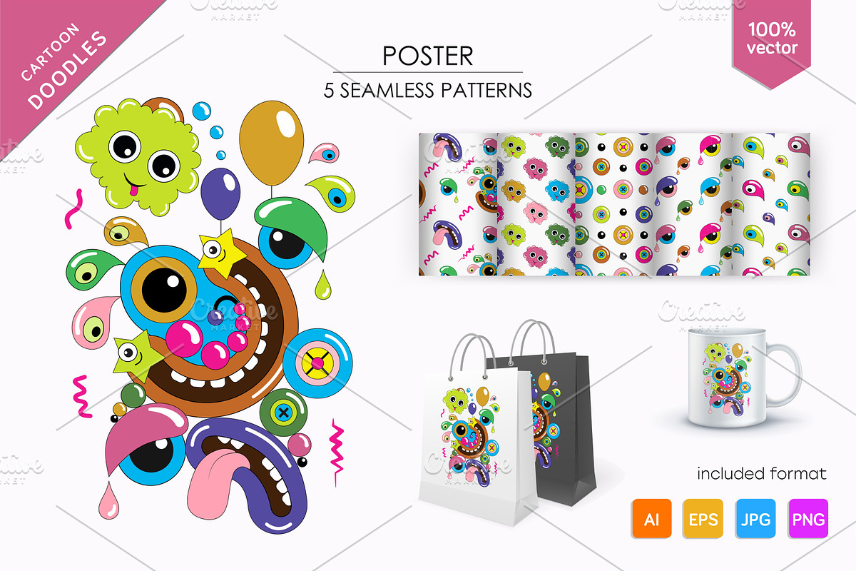 Сartoon doodles + 5 seamless pattern, an Animal Illustration by KENO Mascots (Photo 1 of 7)