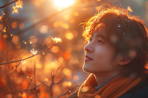 A young Asian man gazes thoughtfully towards the sun, surrounded by autumn leav, a Person Photo by ImageMir