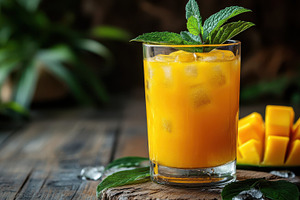 Refreshing mango beverage with ice,, a Food & Drink Photo by Pixeness Studio