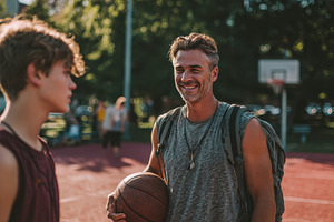 Happy father and son basketball game, a Photo by Pixeness Studio