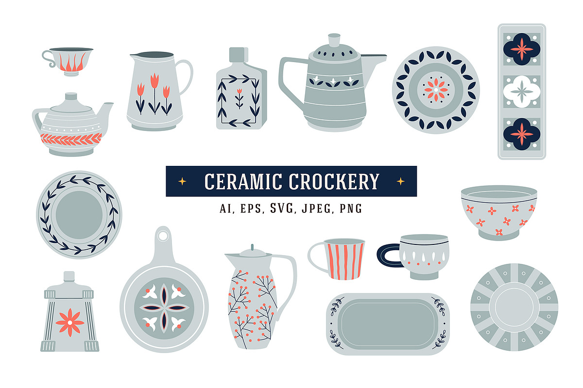 16 Ceramic Crockery Items, an Object Illustration by helenreveur (Photo 1 of 2)
