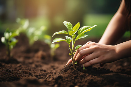 Woman planting green seedling in soil, a Nature Photo by AlyaAnd