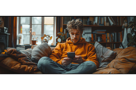 Young man using smart phone on sofa, a Person Photo by ZinetroN