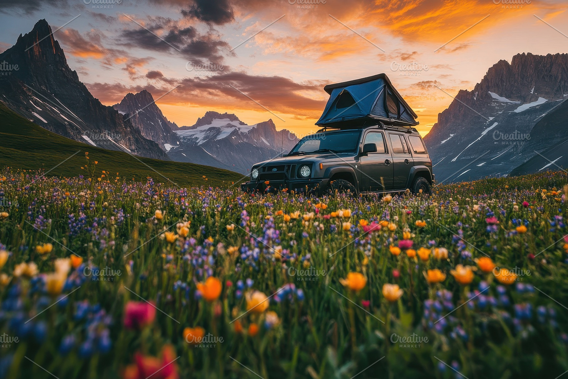 Rugged SUV parked among wildflowers, a Photo by Pavel_design