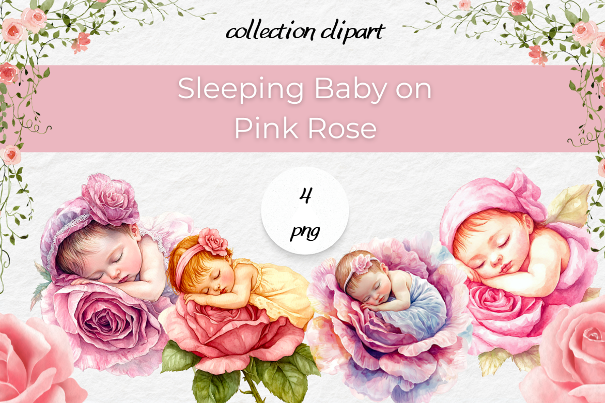 Sleeping Baby on Pink Rose- Clipart, a Person Illustration by InkyQueenArt (Photo 1 of 4)