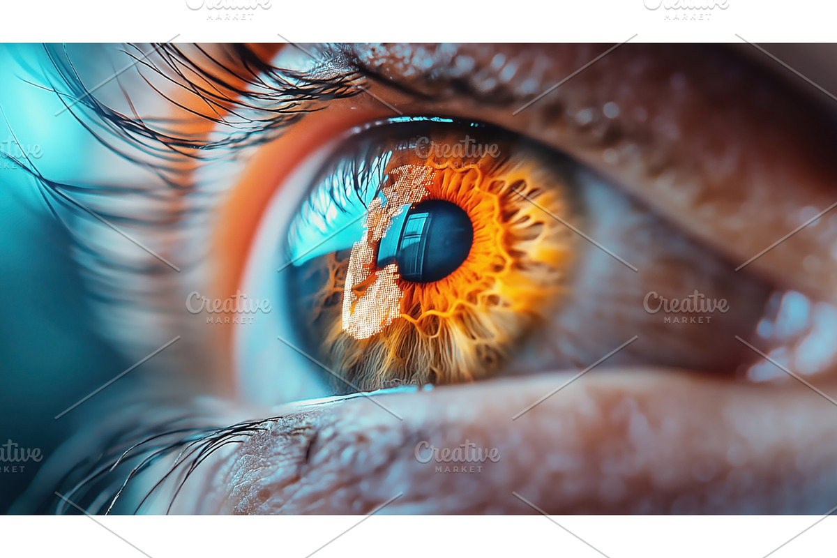 Close-up of a human eye with vibrant, a Technology Illustration by Sergey Kotenev
