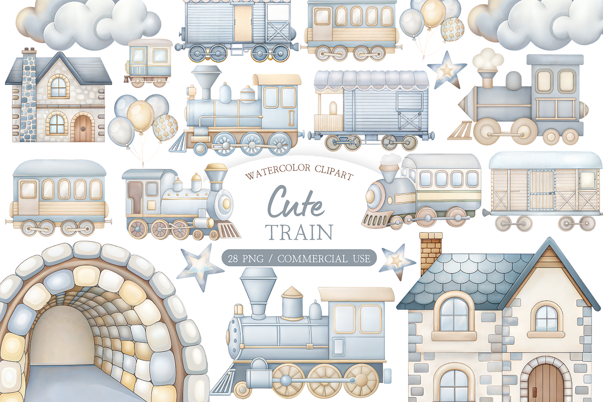 Vintage Blue Train PNG Set, an Illustration by MockupWizard (Photo 1 of 4)