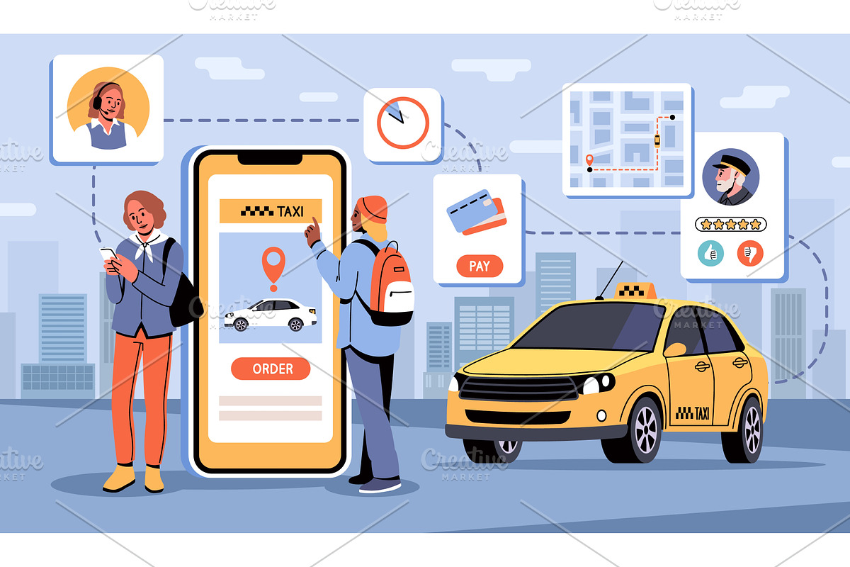 Taxi mobile app. Public transport, a Transportation Illustration by YummyBuum