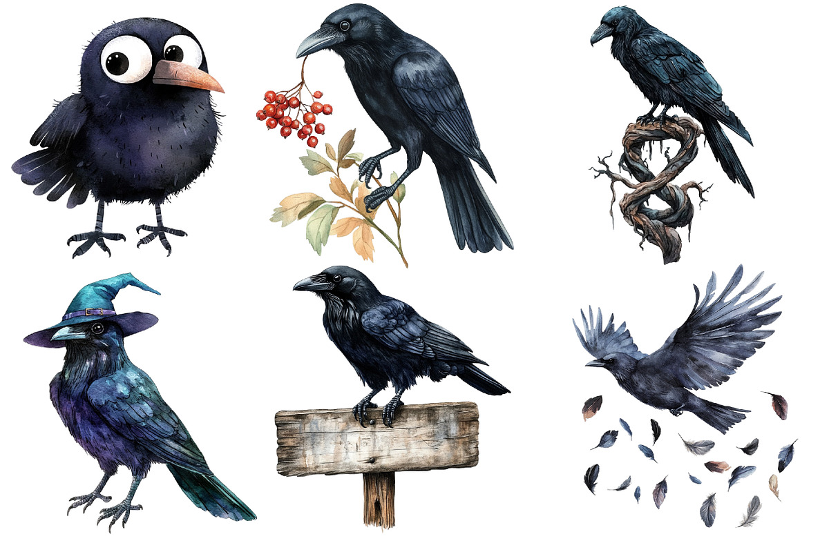 Watercolor Raven Clipart, an Illustration by Designworld (Photo 3 of 5)