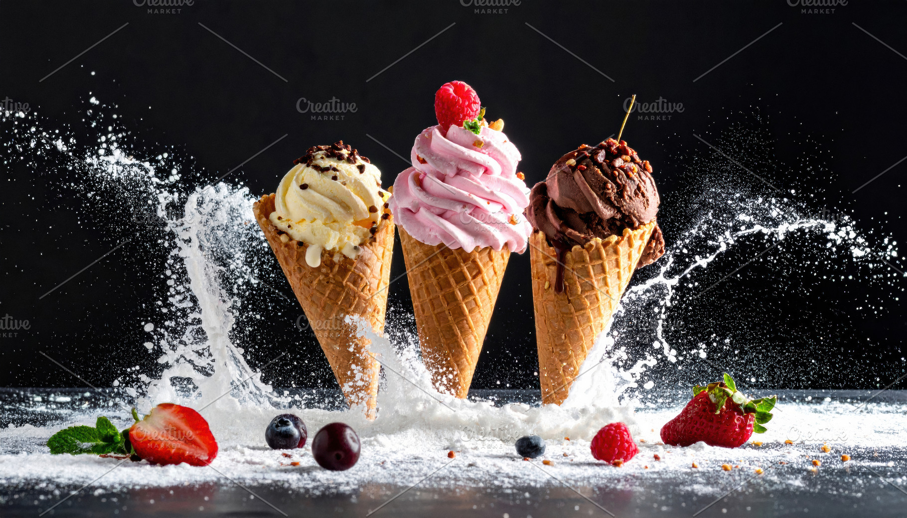 Three Ice Cream Cones Splashing in Powder, a Food & Drink Photo by Davizro's Market