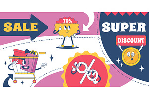 Retro sale banner. Groovy characters, a Finance Illustration by Valerie Bodnar