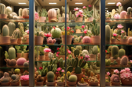 A vibrant showcase of various cacti and succulents in a glass showcase. The pla, a Food & Drink Photo by Textures & Backgrounds