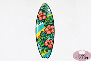 Colorful Tropical Surfboard PNG, an Illustration by Daily.Designs