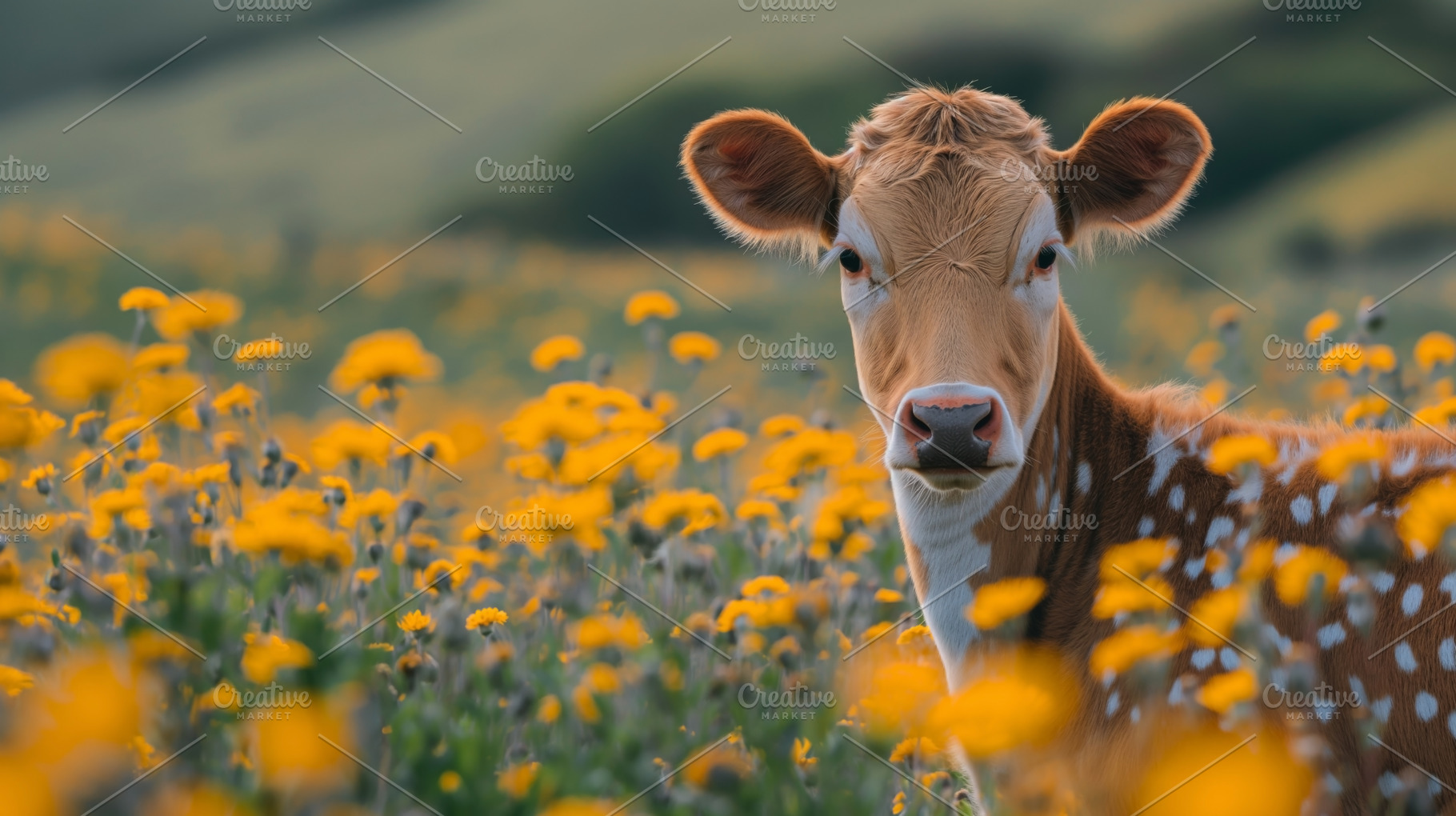 A brown calf surrounded by vibrant yellow flowers, capturing a serene and pasto, an Animal Photo by ImageMir