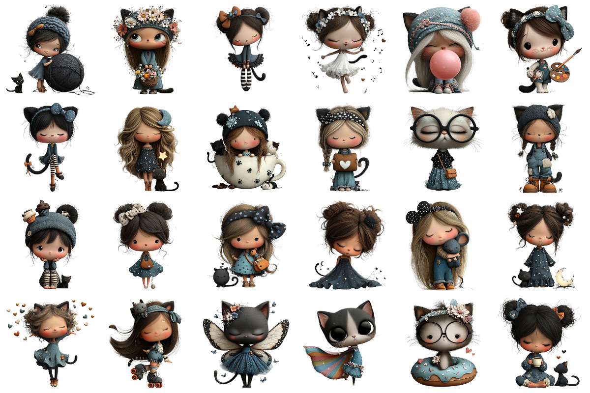 Whimsical Cat Girl Clipart, an Illustration by designcity5 (Photo 2 of 5)
