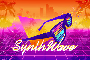 Synthwave cyber landscape with laser