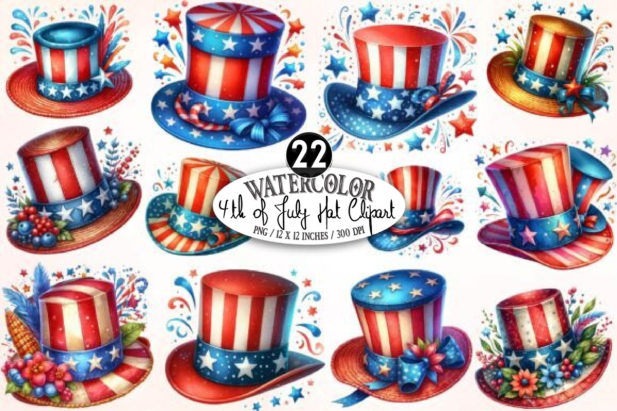 4th of July Hat Watercolor Desing, an Illustration by Designking (Photo 1 of 4)