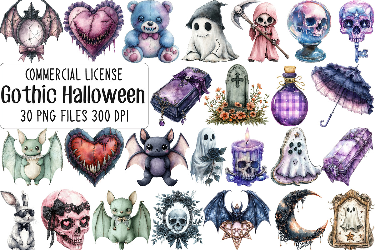 Pastel Gothic Halloween Clipart, an Illustration by CraftArtStudio (Photo 1 of 6)