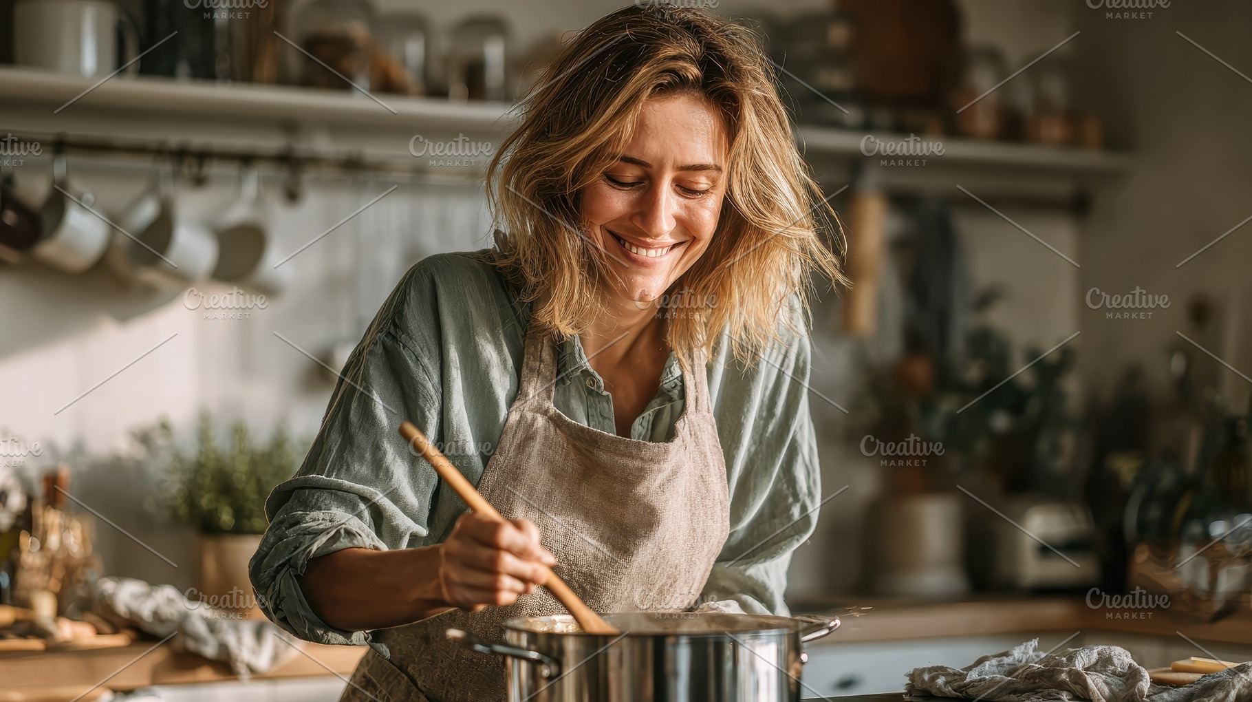Happy woman cooking delicious food i, a Photo by Pixeness Studio