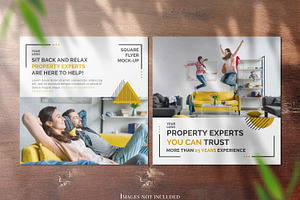 Two Square Flyers on wooden Mockup
