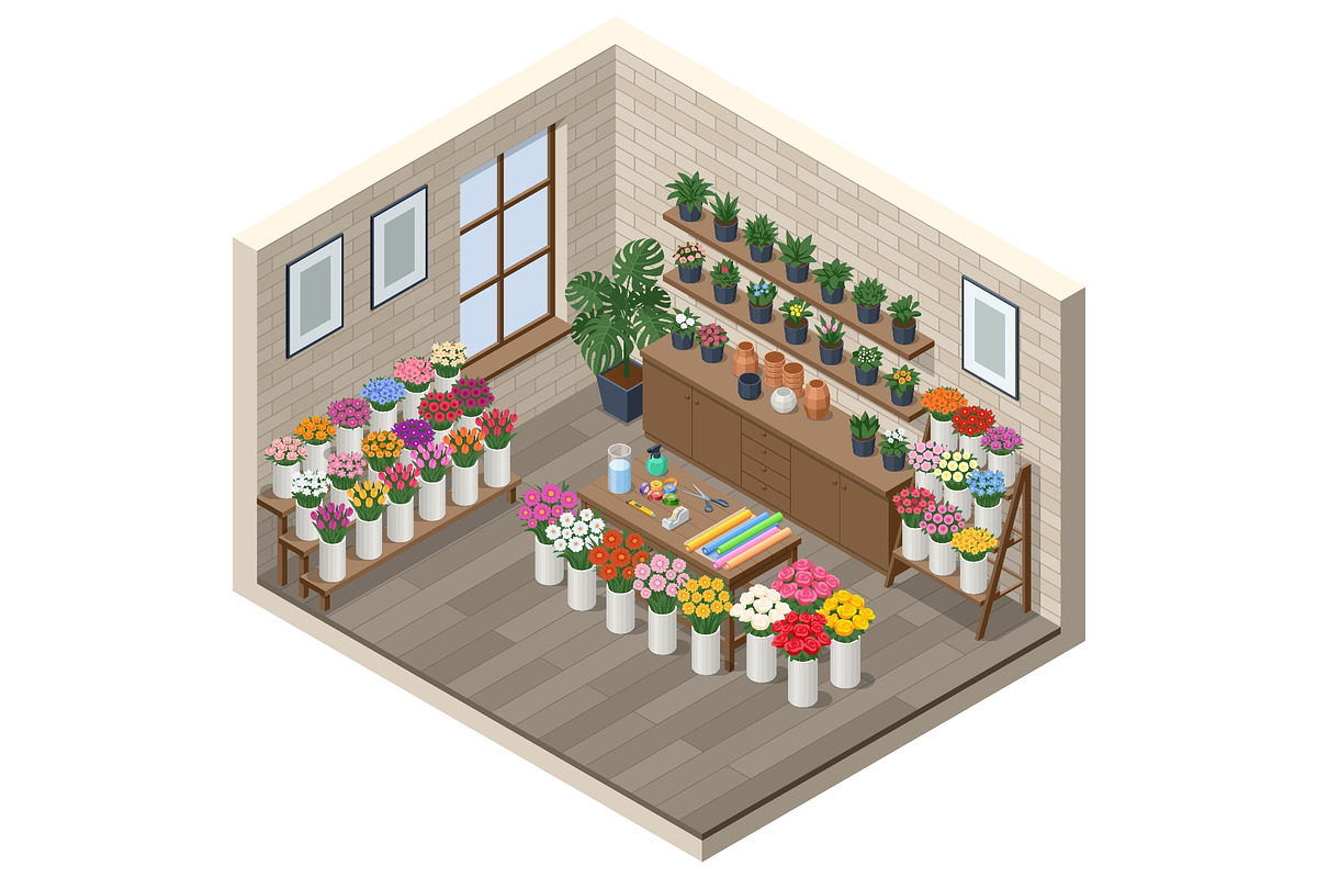 Isometric flower shop interior with, a Person Illustration by Golden Sikorka (Photo 3 of 3)