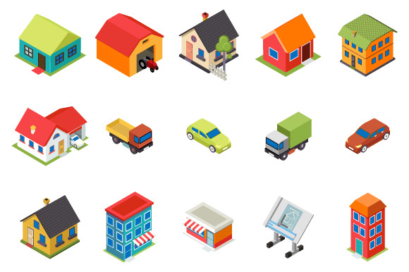 Isometric House And Car Icons Set