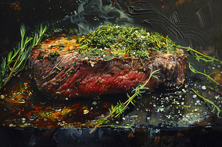 A beautifully cooked steak rests on, a Photo by Tanuart