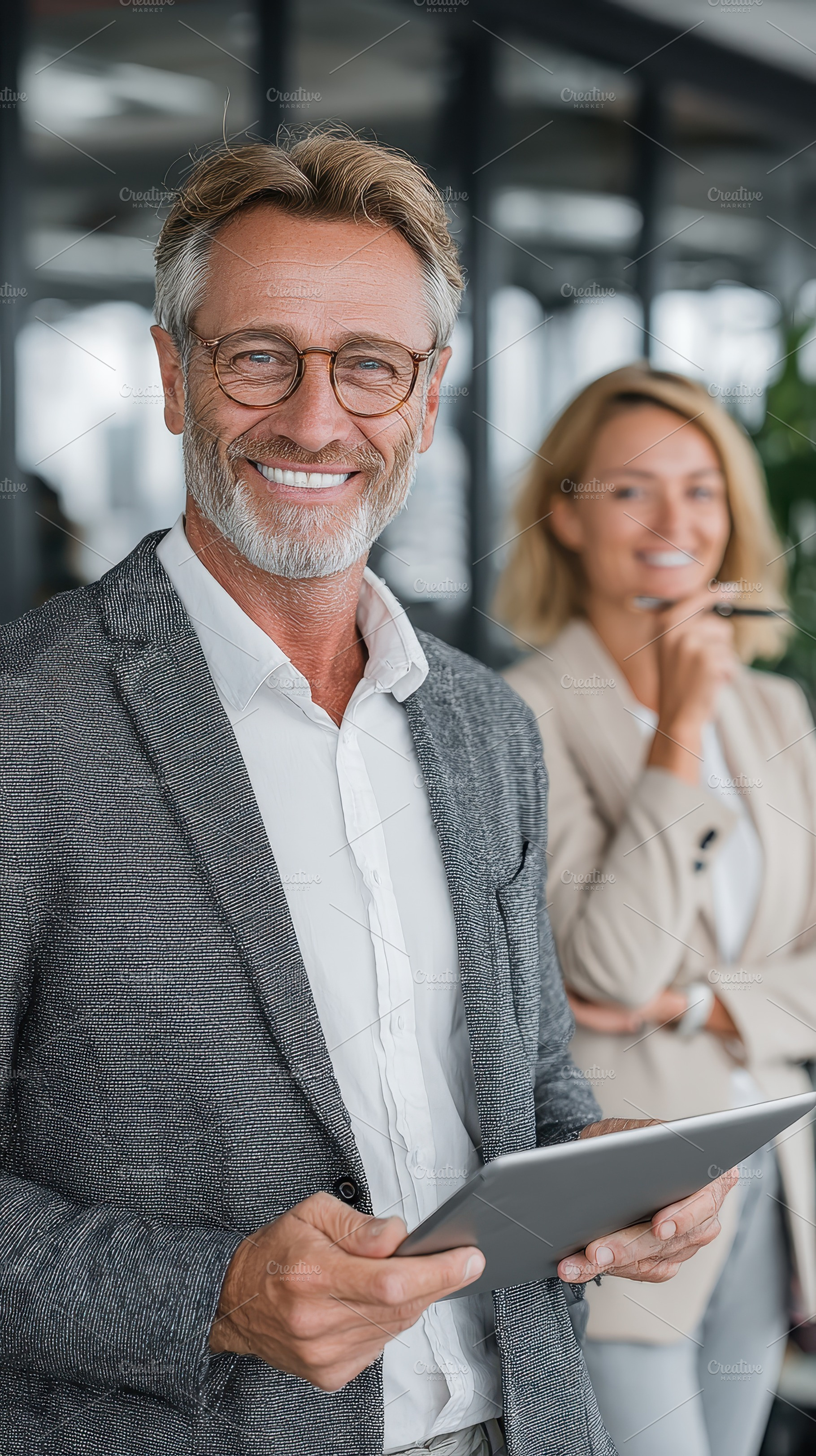 Smiling businessman holding tablet s, a Photo by Pixeness Studio