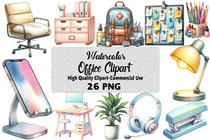 Watercolor Office Clipart Bundle, an Illustration by Daily.Designs