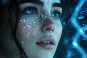 Close-up of a person with glowing di, a Photo by Tanuart