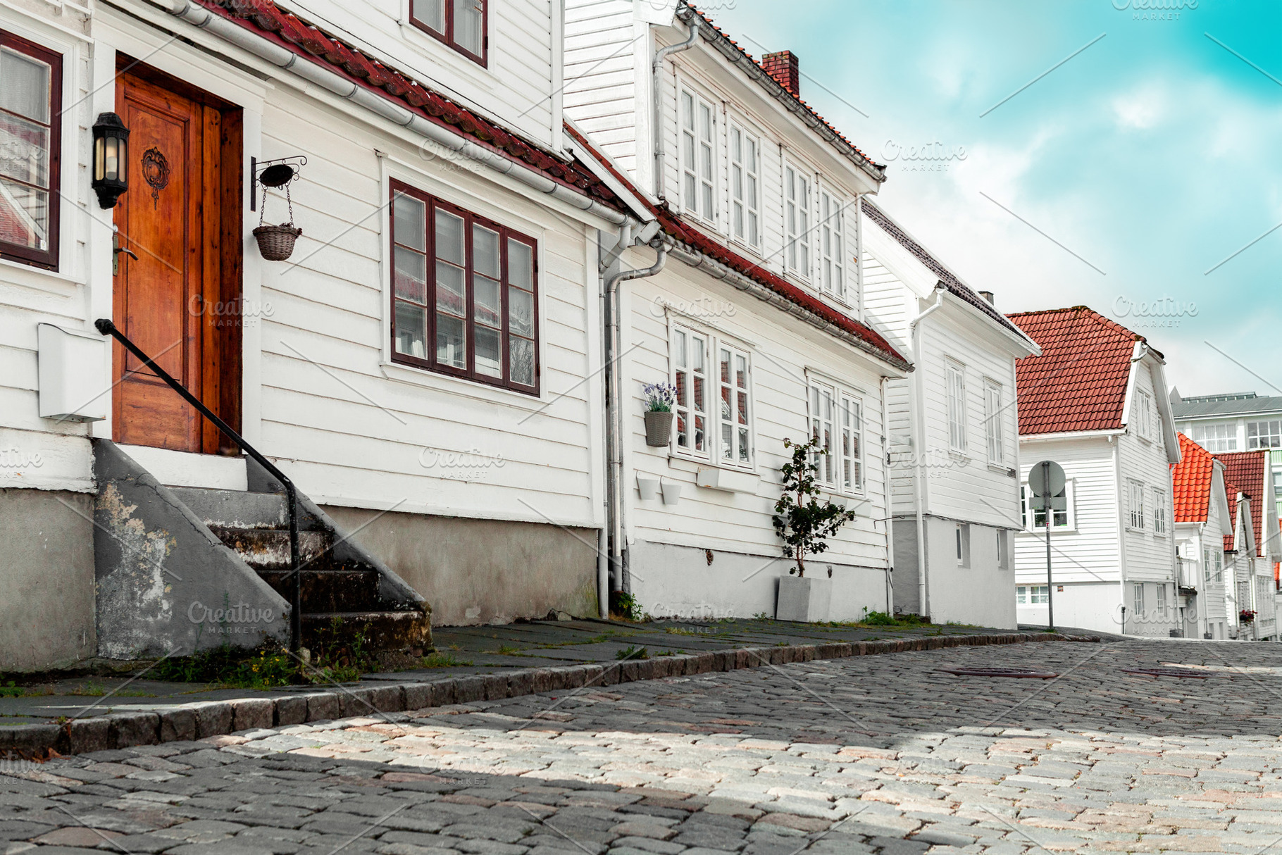 street on a Stavanger with white hou, an Architecture Photo by Eni_fly