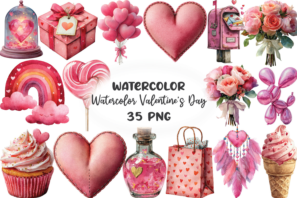 Watercolor Valentine's Day Clipart, an Illustration by CraftArtStudio (Photo 1 of 6)