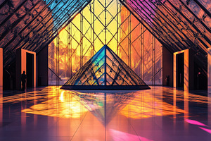 A stunning view of the Louvre Museum's glass pyramid at sunset, with vibrant co, an Arts & Entertainment Photo by Textures & Backgrounds